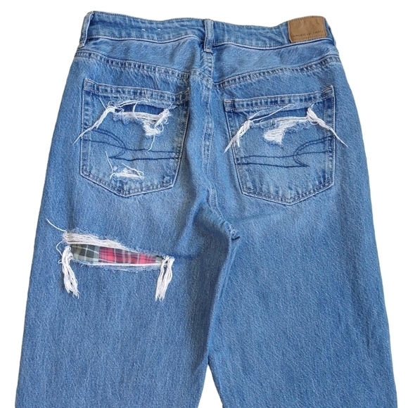 American Eagle Mom Straight Jean Distressed Plaid Panels 100% Cotton Retro-Look - Picture 5 of 14